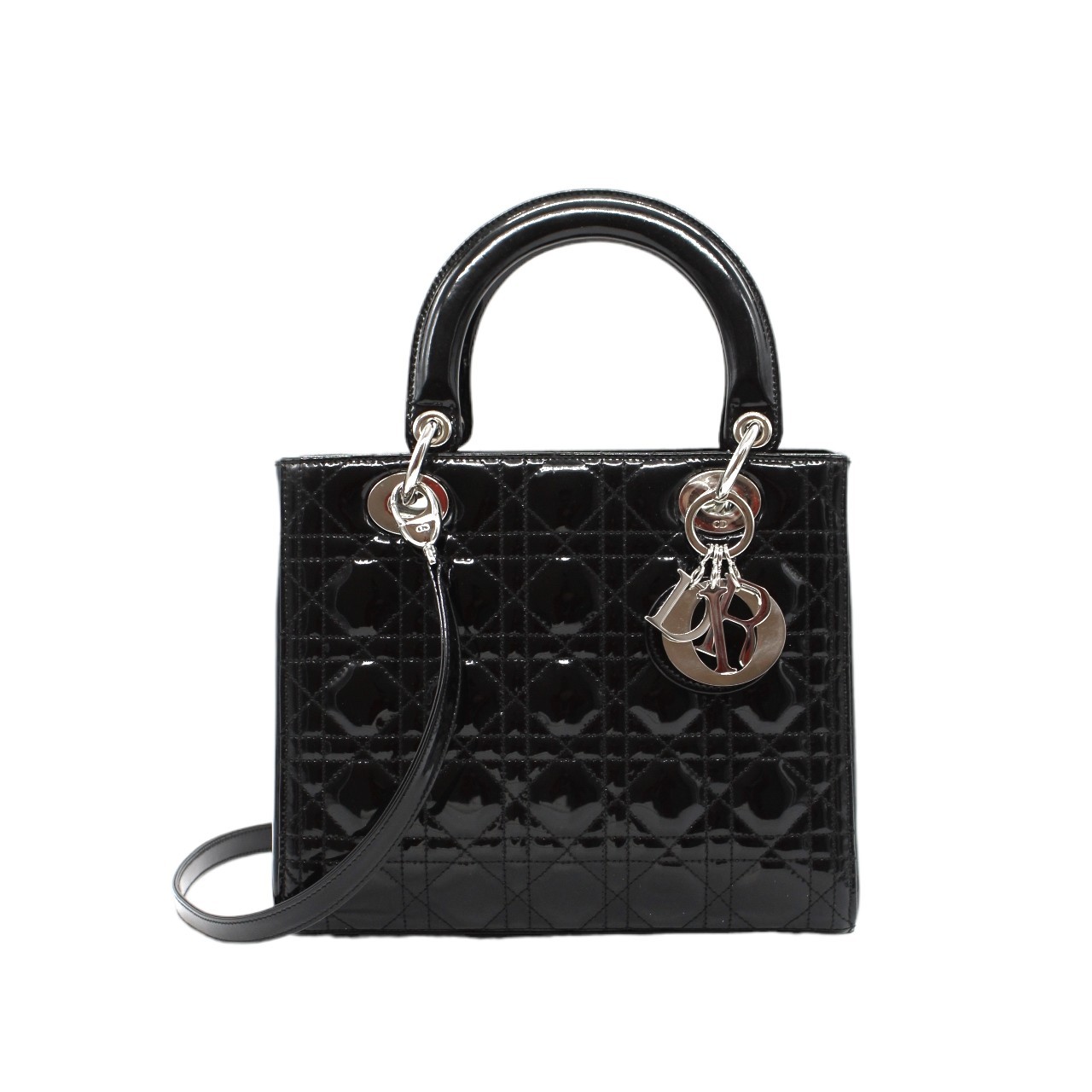 Borsa Media Lady Dior in pelle verniciata nera thumb