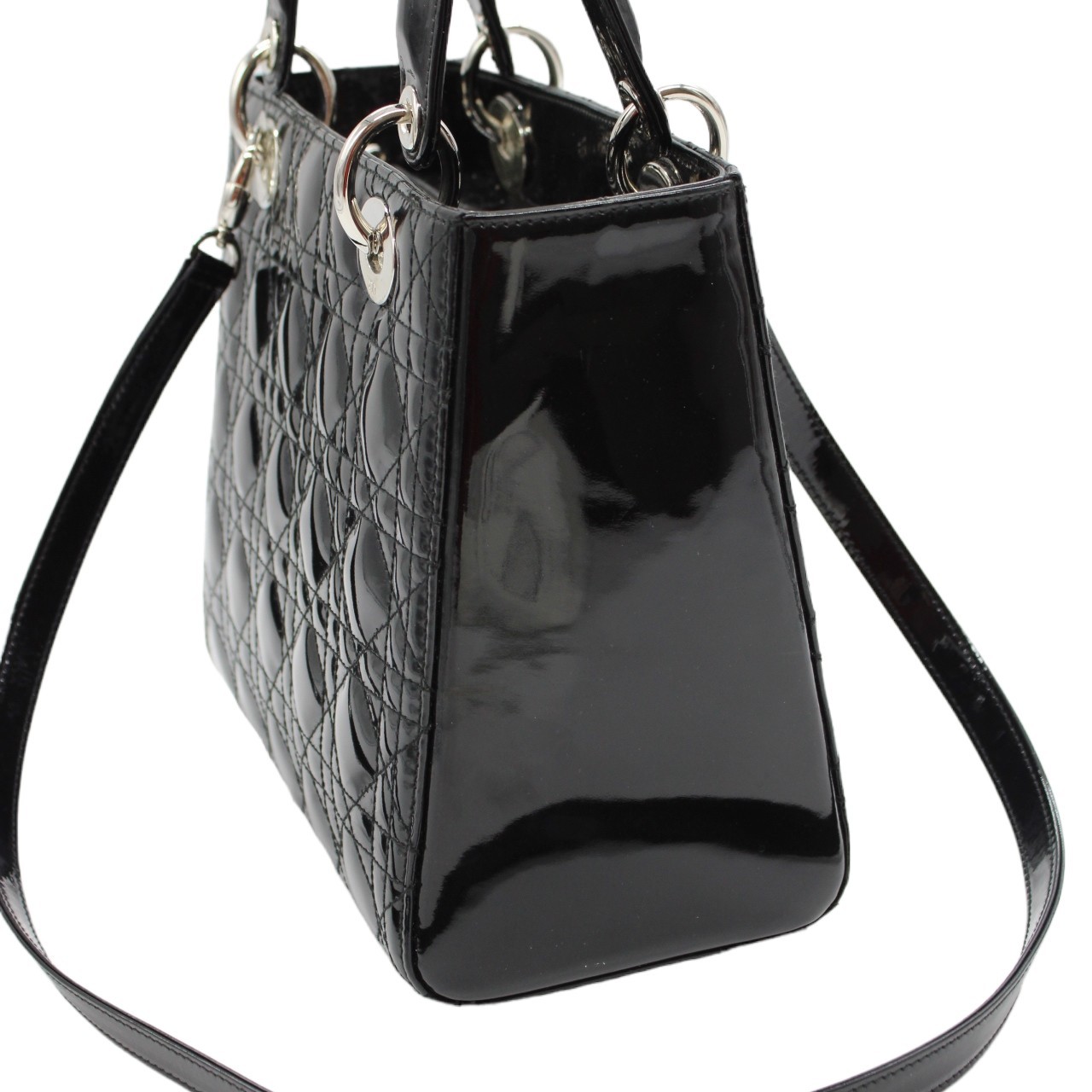 Borsa Media Lady Dior in pelle verniciata nera thumb