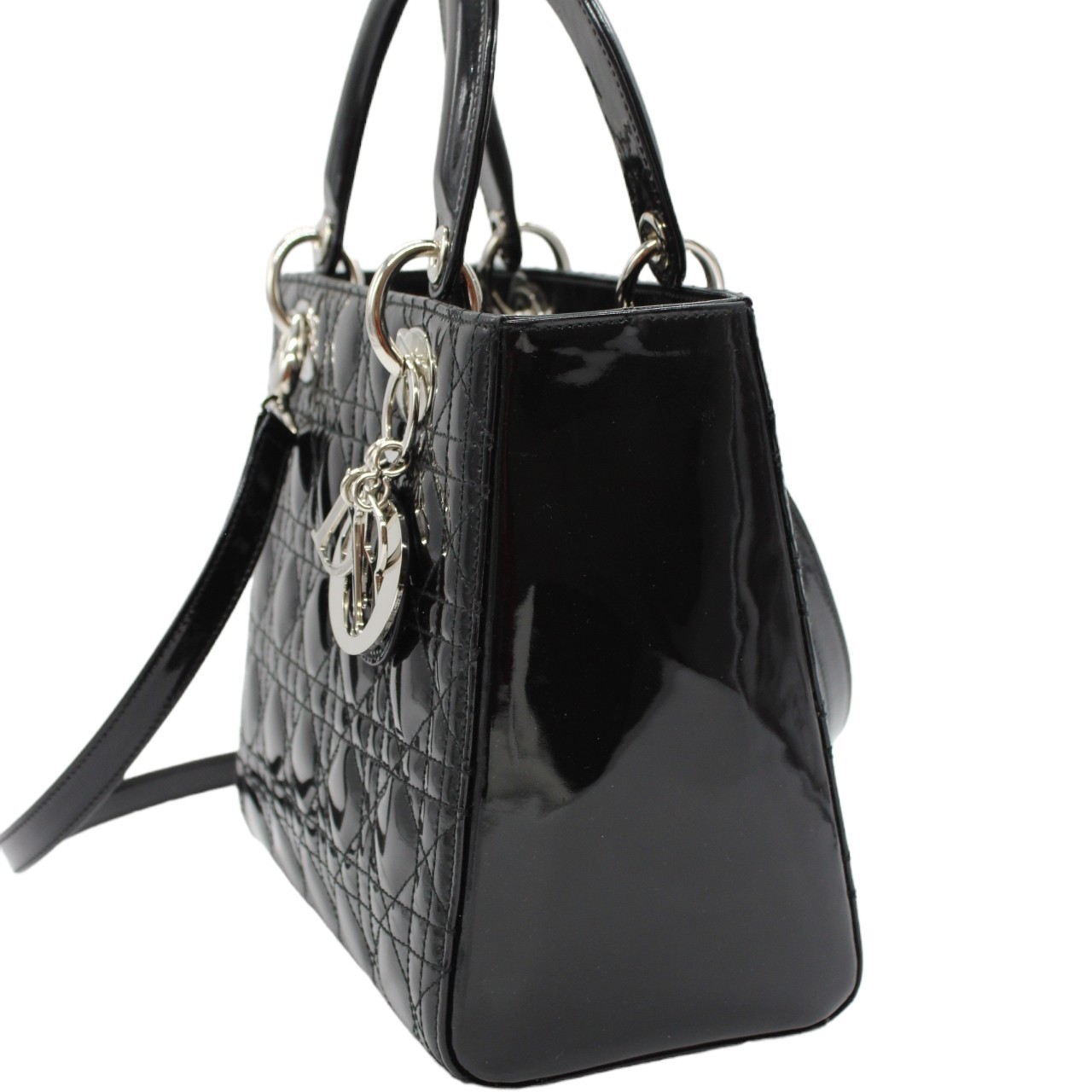 Borsa Media Lady Dior in pelle verniciata nera thumb