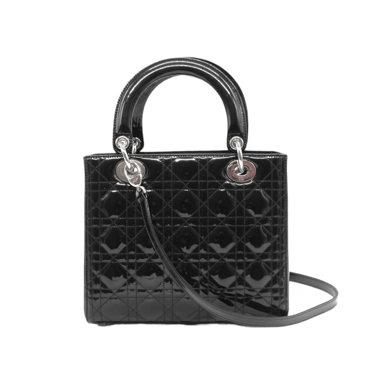 Borsa Media Lady Dior in pelle verniciata nera thumb
