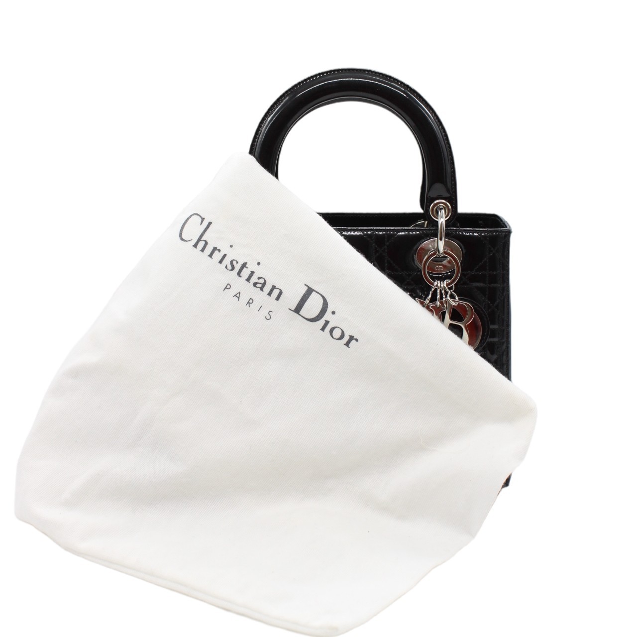 Borsa Media Lady Dior in pelle verniciata nera thumb