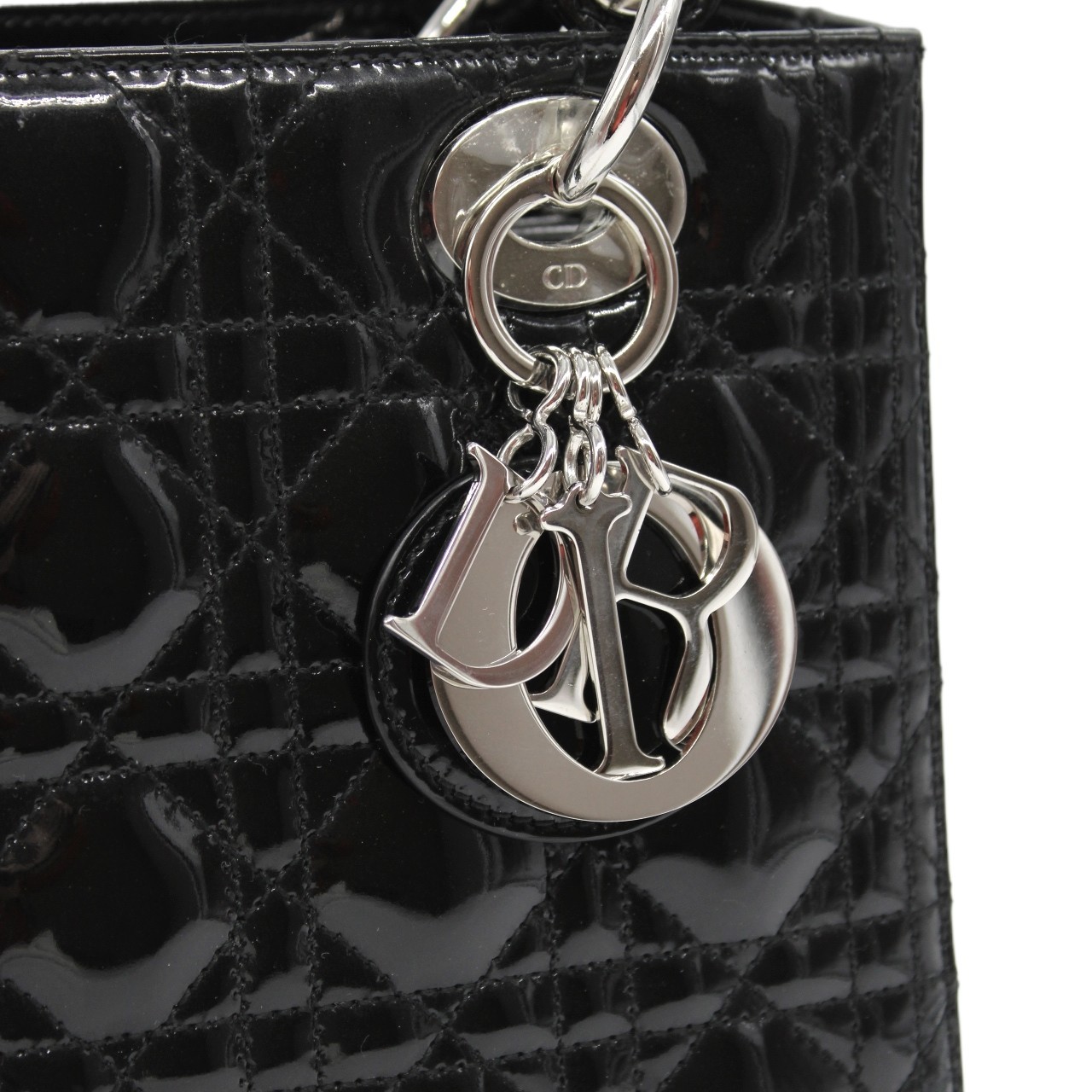 Borsa Media Lady Dior in pelle verniciata nera thumb