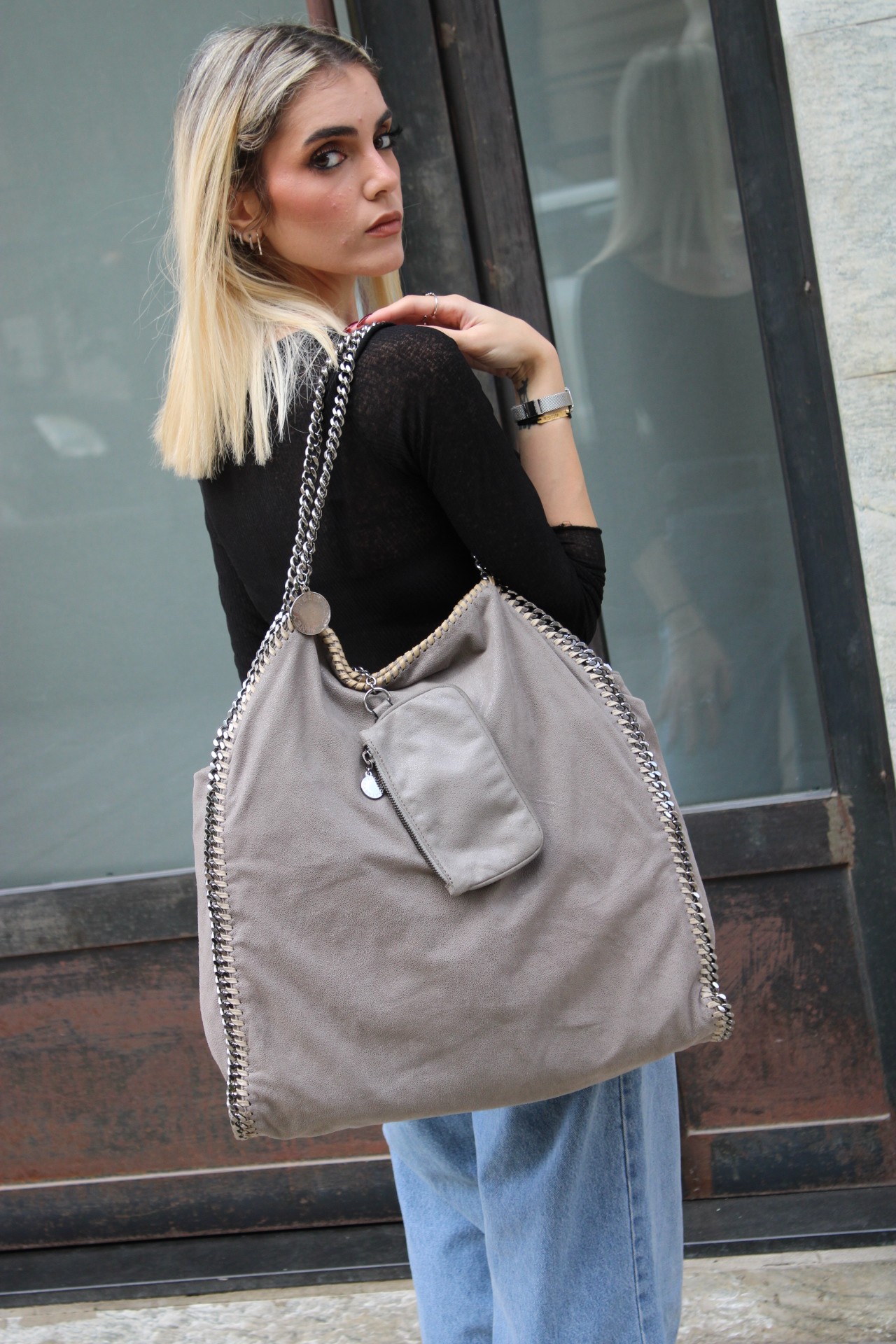 Borsa Stella McCartney Falabella 2 Catene con Pochette Grigia Large thumb