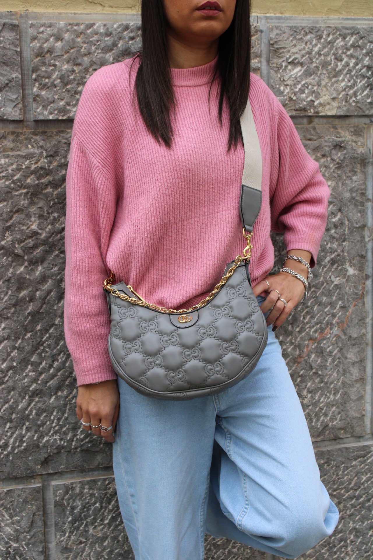 Borsa Gucci GG Matelassé in Pelle Grigia thumb