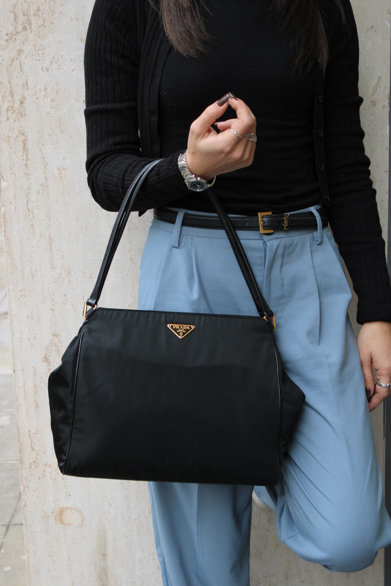 Borsa Prada a Spalla in Tela Vela Nera thumb