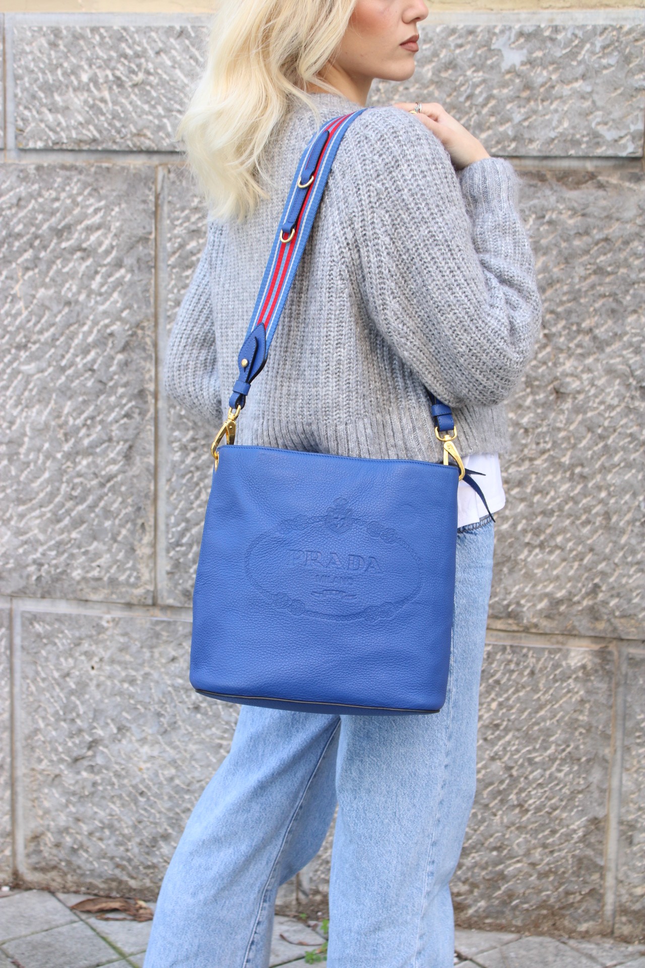 Secchiello Prada in Pelle Blu thumb