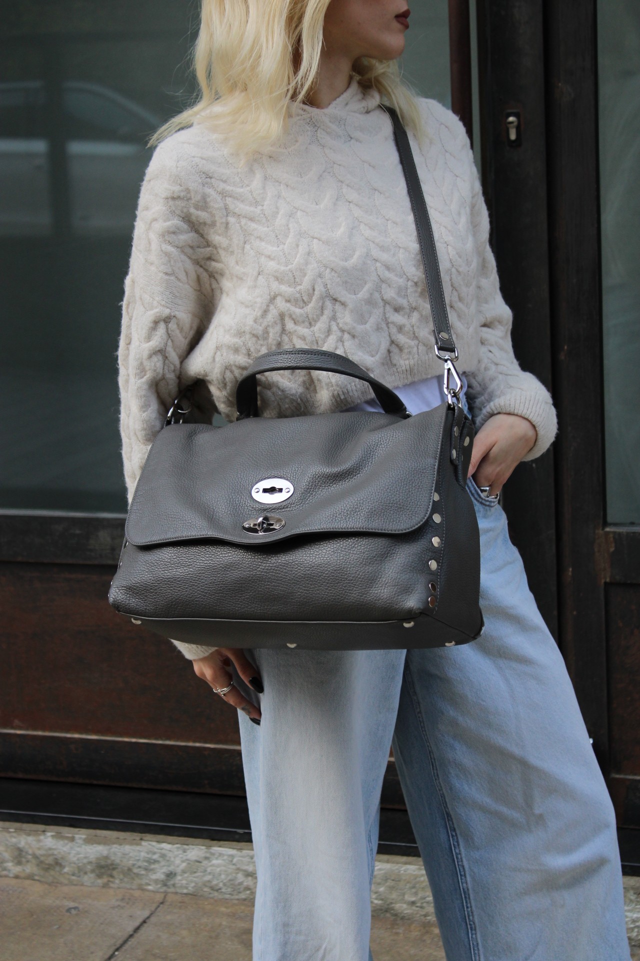 Borsa Zanellato Postina M in Pelle Grigia thumb