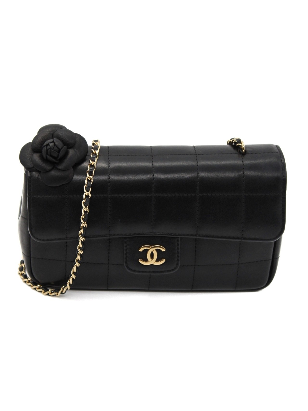 Borsa Chanel Chocolate Bar Camelia in Pelle Nera thumb