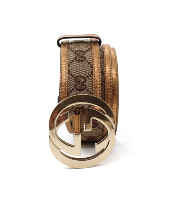 Cintura Gucci Tessuto GG e In Pelle Metalizzata Bronzo