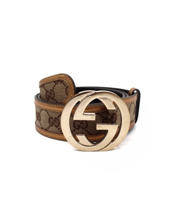 Cintura Gucci Tessuto GG e In Pelle Metalizzata Bronzo