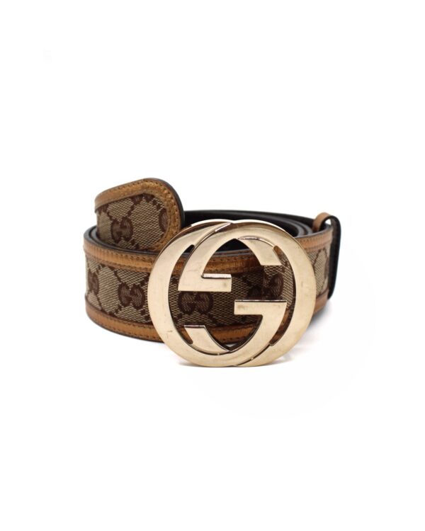 Cintura Gucci Tessuto GG e In Pelle Metalizzata Bronzo