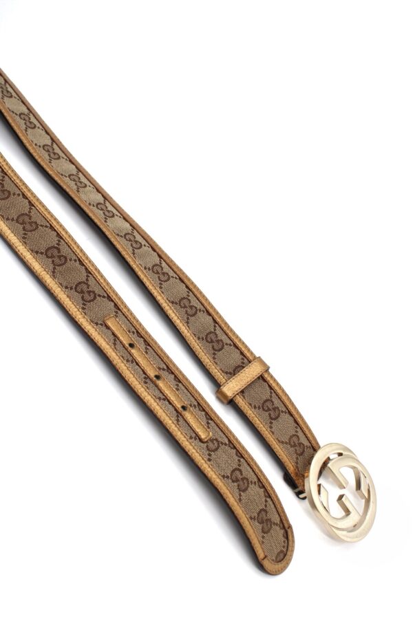 Cintura Gucci Tessuto GG e In Pelle Metalizzata Bronzo